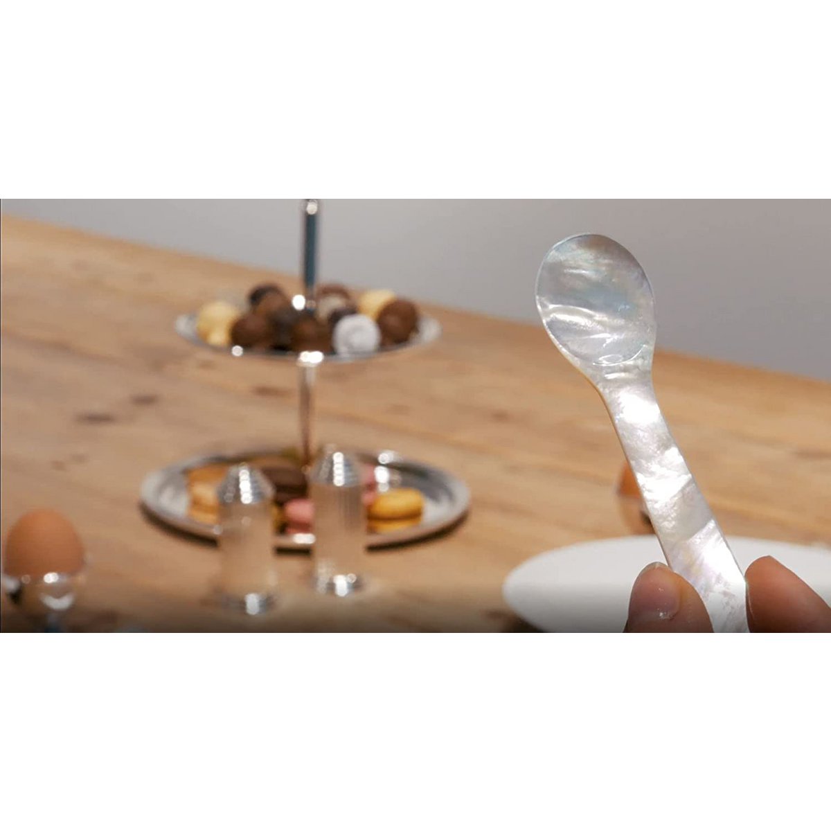 EDZARD set van 2 parelmoer lepels, kaviaar lepels, eier lepels, afgeronde hoeken, zee parelmoer, lengte 11 cm
