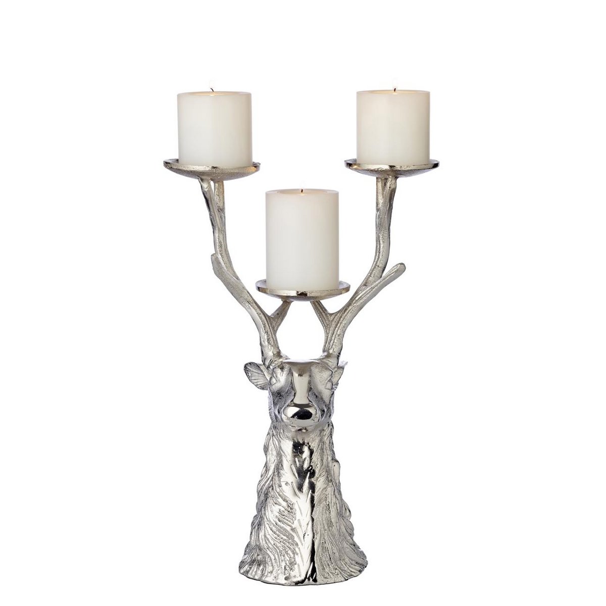 EDZARD kandelaar hert, vernikkeld aluminium, hoogte 32 cm, voor 3 stompkaarsen diameter 6 cm