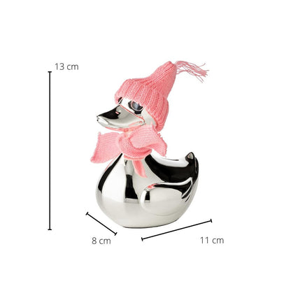EDZARD spaarpot eend, verzilverd, aanslagbestendig, hoogte 13 cm, met sjaal en muts in roze en lichtblauw