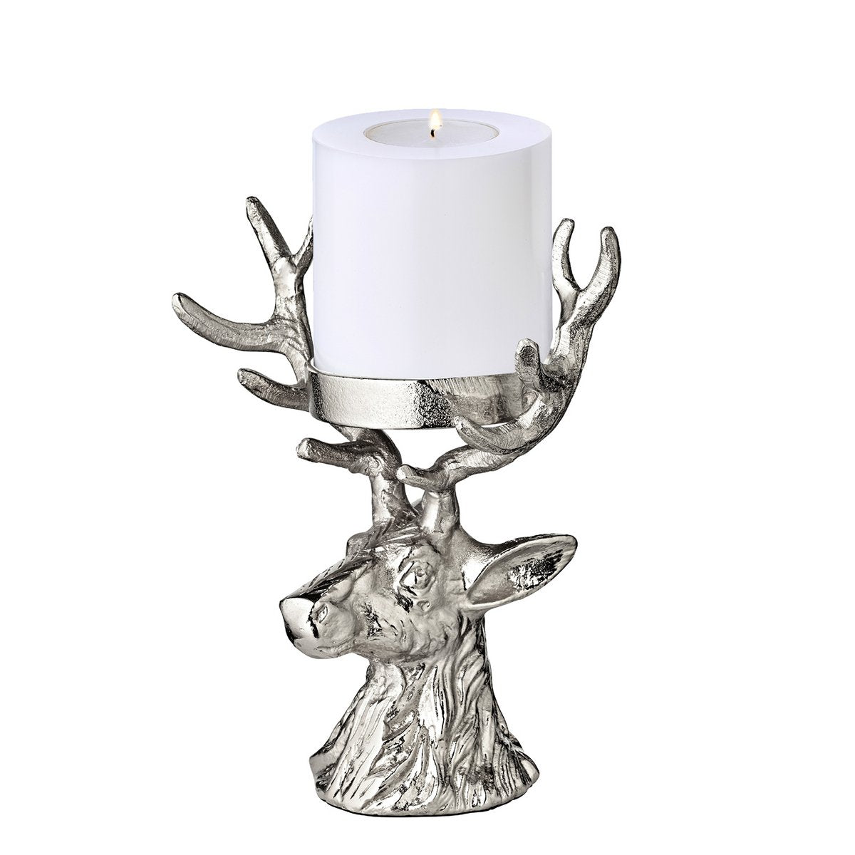 EDZARD kandelaar hert, vernikkeld aluminium, hoogte 20 cm, voor stompkaars ø 6 cm