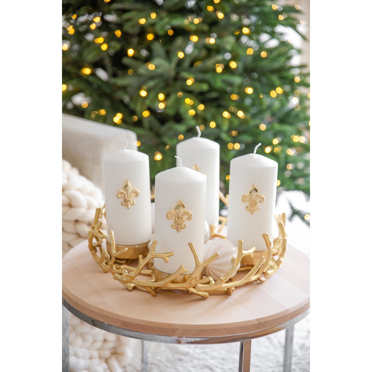 EDZARD Adventskrans Porus Gold, gewei-design, vernikkeld aluminium, diameter 30 cm, voor kaarsen ø 6 cm