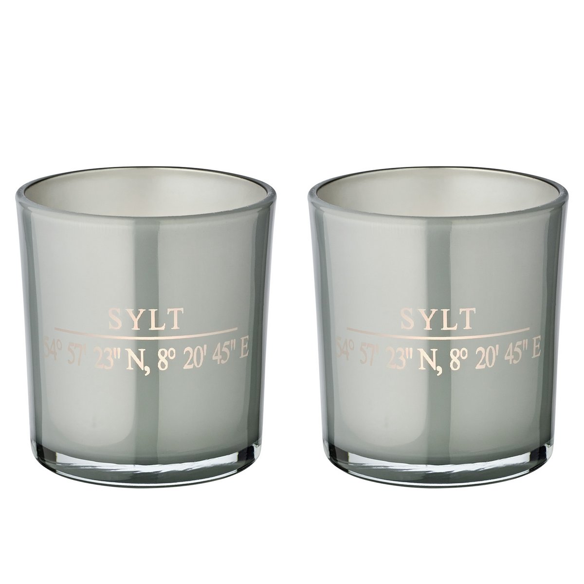 Set van 2 theelichtglazen Sylt (hoogte 8 cm, ø 7,5 cm) in grijze, elegante lantaarn met Sylt-coördinaten