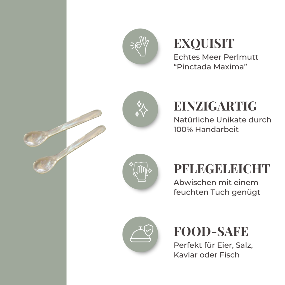 EDZARD set van 2 parelmoer lepels, kaviaar lepels, eier lepels, afgeronde hoeken, zee parelmoer, lengte 11 cm