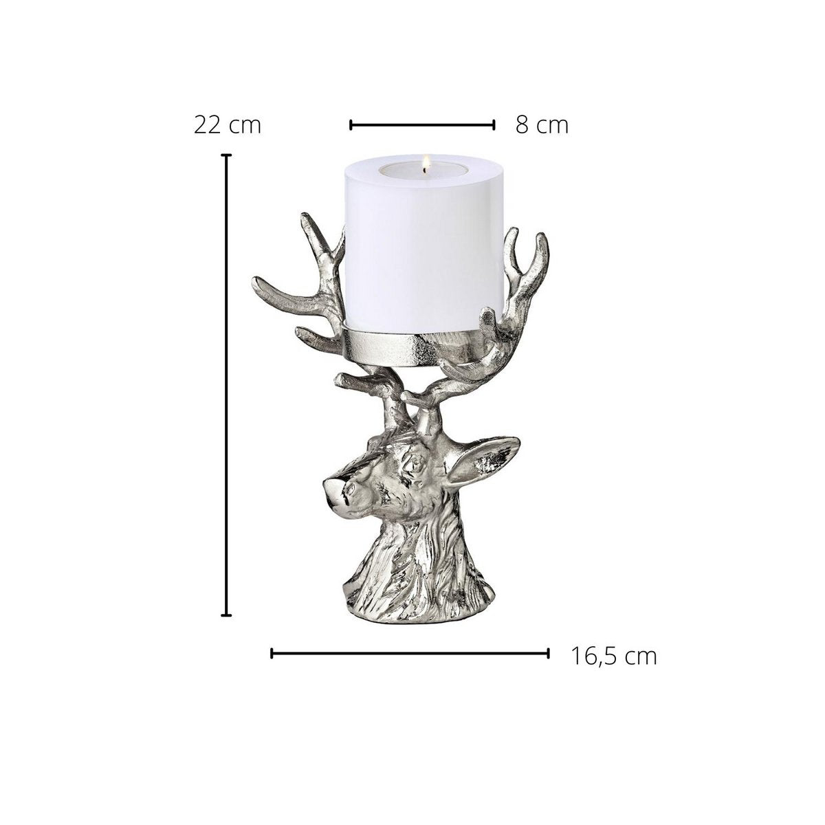 EDZARD kandelaar hert, vernikkeld aluminium, hoogte 20 cm, voor stompkaars ø 6 cm