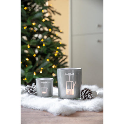 Set van 2 theelichtjes glazen lift (hoogte 8 cm, ø 7,5 cm) in grijs, lantaarn met sportief skiliftmotief
