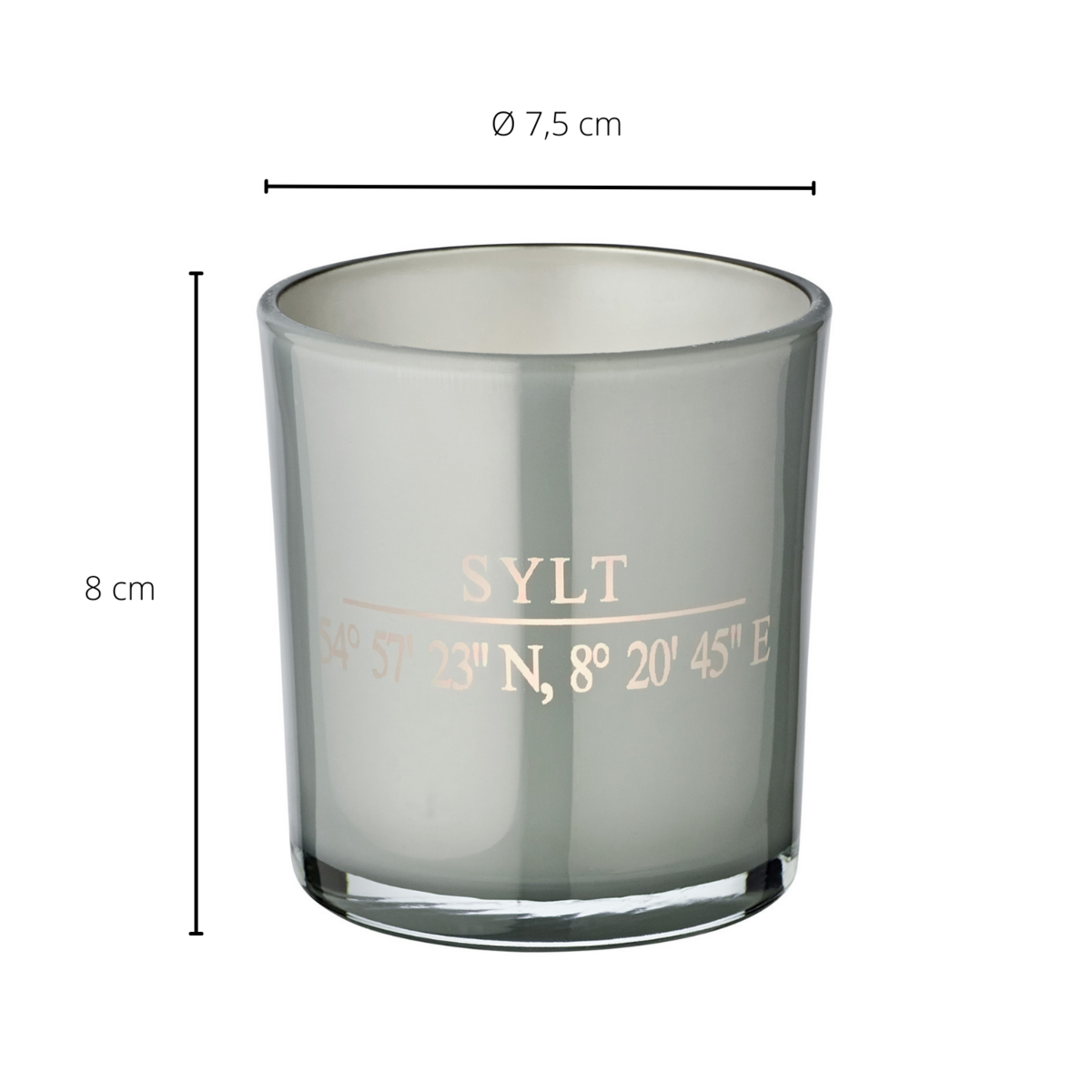 Set van 2 theelichtglazen Sylt (hoogte 8 cm, ø 7,5 cm) in grijze, elegante lantaarn met Sylt-coördinaten