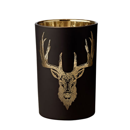 EDZARD orkaan lamp waxinelichthouder theelicht glas bos, hertenmotief, mat zwart/goud, hoogte 18 cm