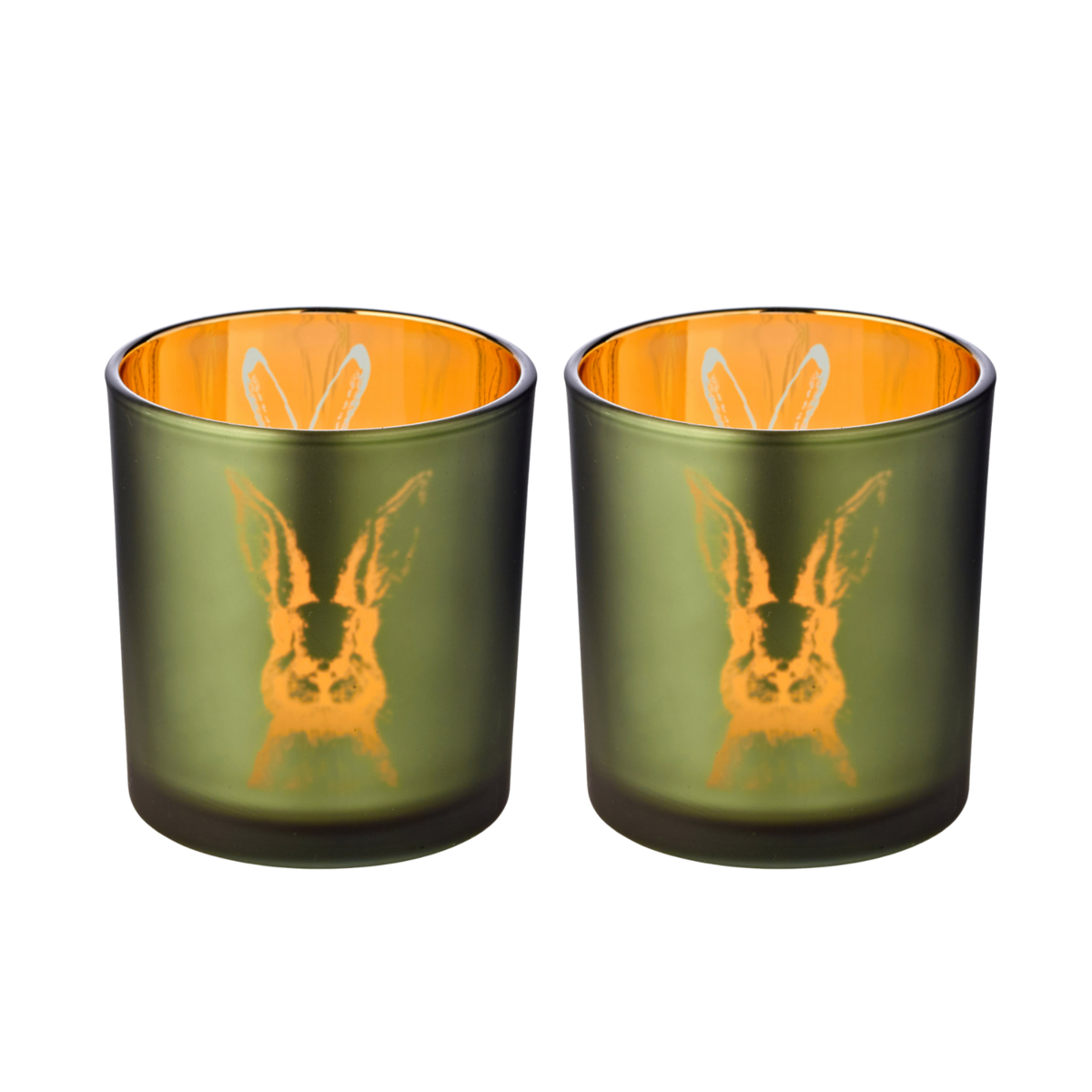 Set van 2 konijnen theelicht glazen orkanen, buiten groen / binnenkant goud, konijn design, hoogte 8 cm, ø 7 cm