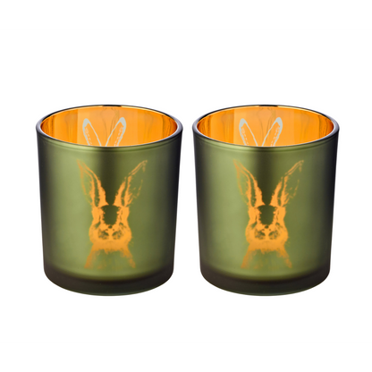 Set van 2 konijnen theelicht glazen orkanen, buiten groen / binnenkant goud, konijn design, hoogte 8 cm, ø 7 cm