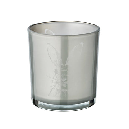 Set van 2 theelichtglazen konijn (hoogte 8 cm, ø 7,5 cm), in grijs, theelichthouder lantaarn met konijnenmotief