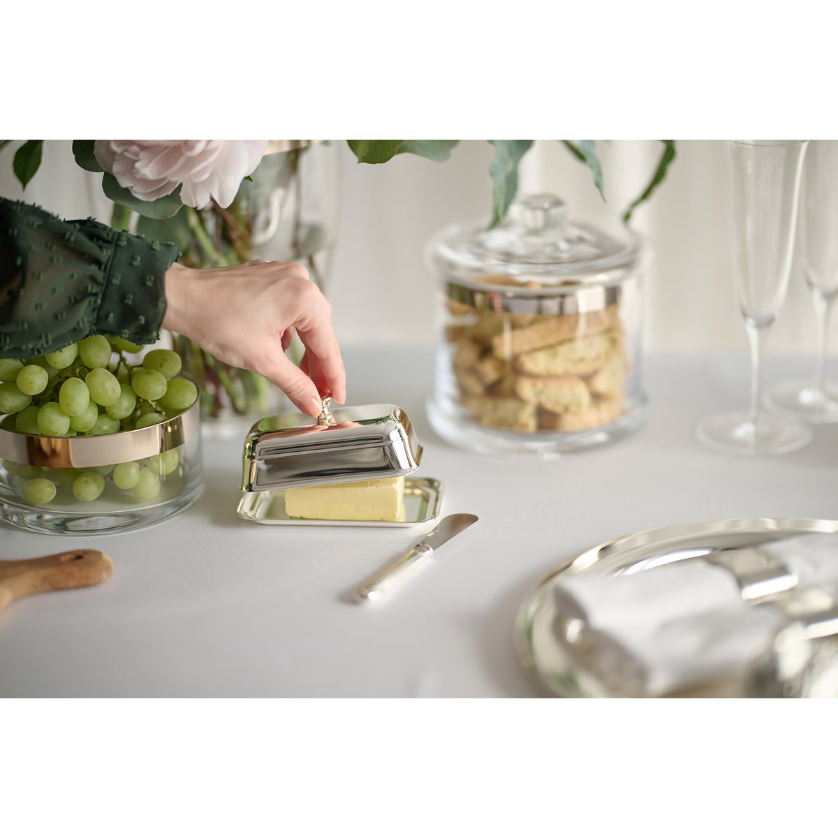 EDZARD Mary botervloot met glazen plaat, verzilverd, 8 x 13 cm, met bijpassend botermes