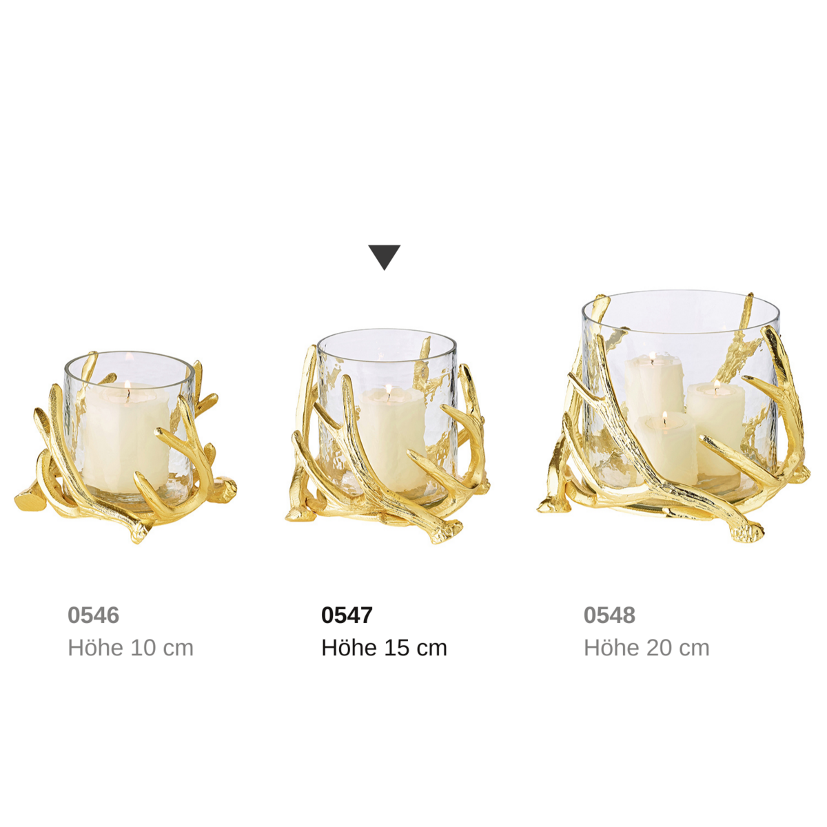 EDZARD Windlicht Kingston, gewei-design, aluminium, goudkleurig, met glas, hoogte 15 cm, ø 19 cm
