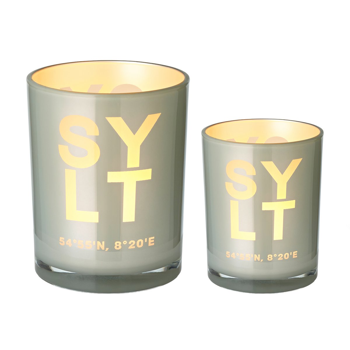 Set van 2 Sylt theelichtglaasjes (hoogte 8 & 12,5 cm), grijs, Sylt-motief