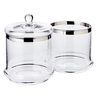 Glazen pot Lia (H 29 cm, ø 14 cm), met een deksel van mondgeblazen kristalglas met een platina rand