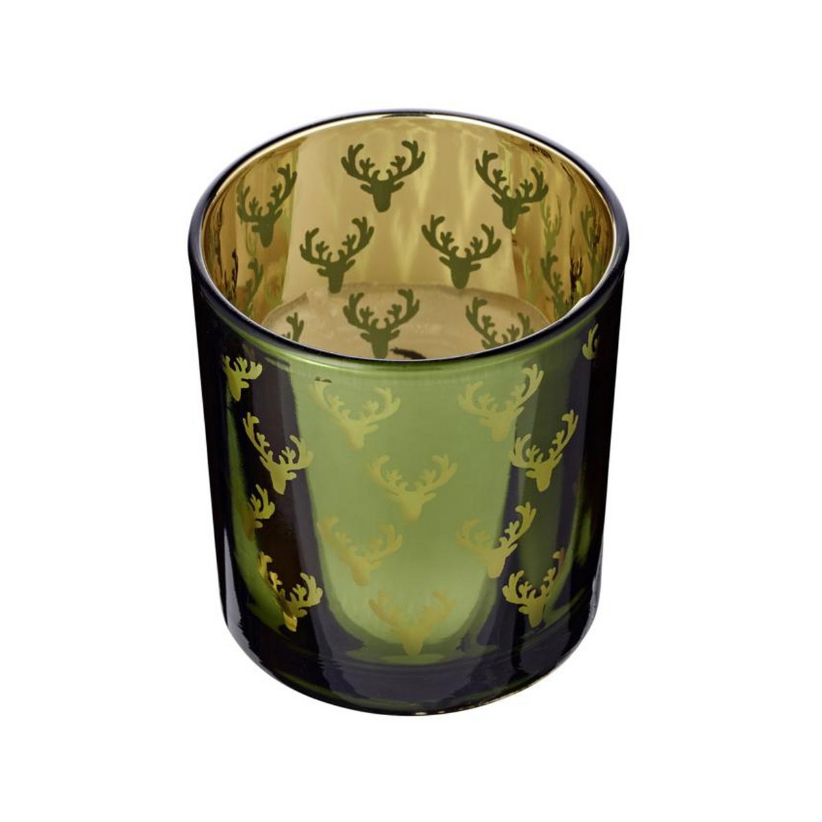Set van 2 theelichtglazen Ted (hoogte 8 cm, ø 7 cm), buitenkant groen / binnenkant goud, lantaarn in hertendesign