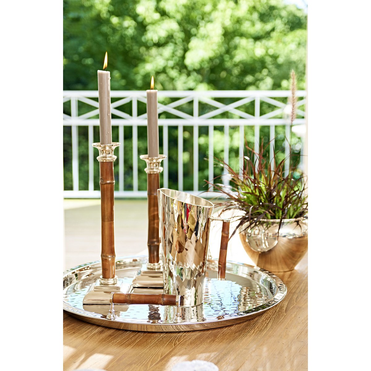 EDZARD Candlestick Kandelaar spar met bamboe schacht, RVS, glanzend vernikkeld, hoogte 30 cm