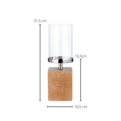 Kandelaar Meo (hoogte 16,5 cm), roestvrij staal vernikkeld, houten voet, voor kaarsen tot Ø 9 cm