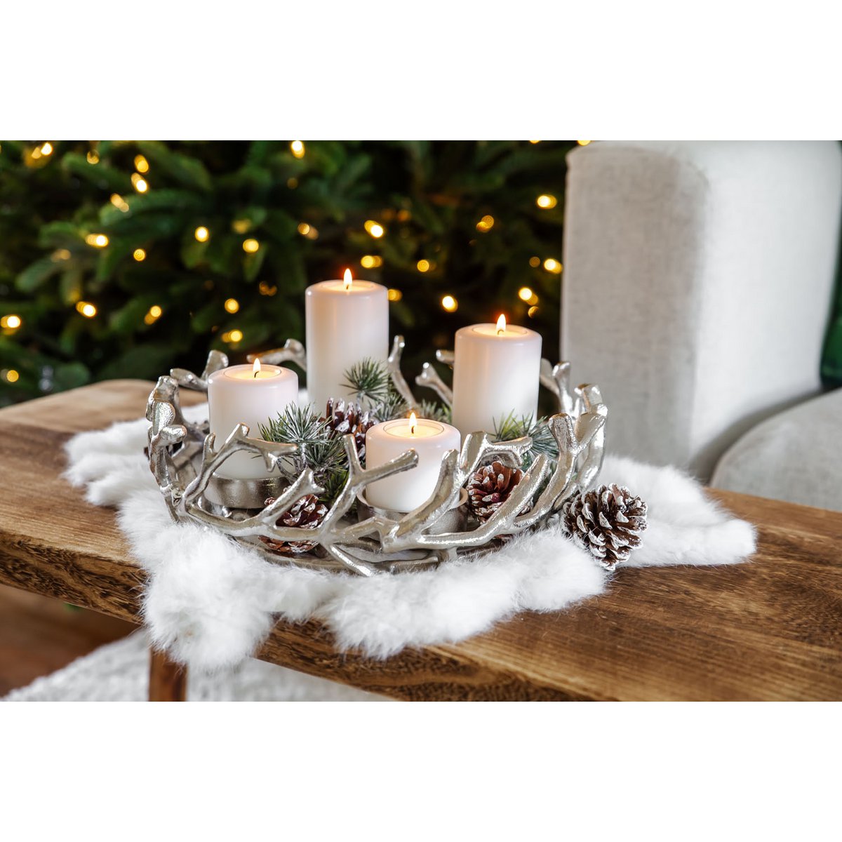 EDZARD Adventskrans Porus, gewei-design, vernikkeld aluminium, zilverkleurig, ø 30 cm, voor kaarsen ø 6 cm
