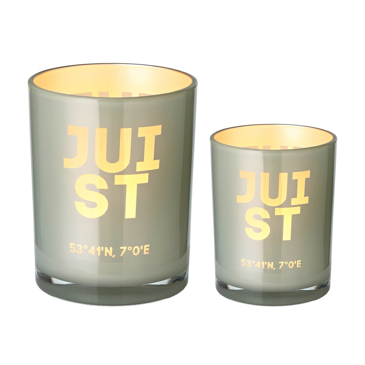 Set van 2 Juist theelichtglaasjes (hoogte 8 & 12,5 cm), grijs, Juist motief