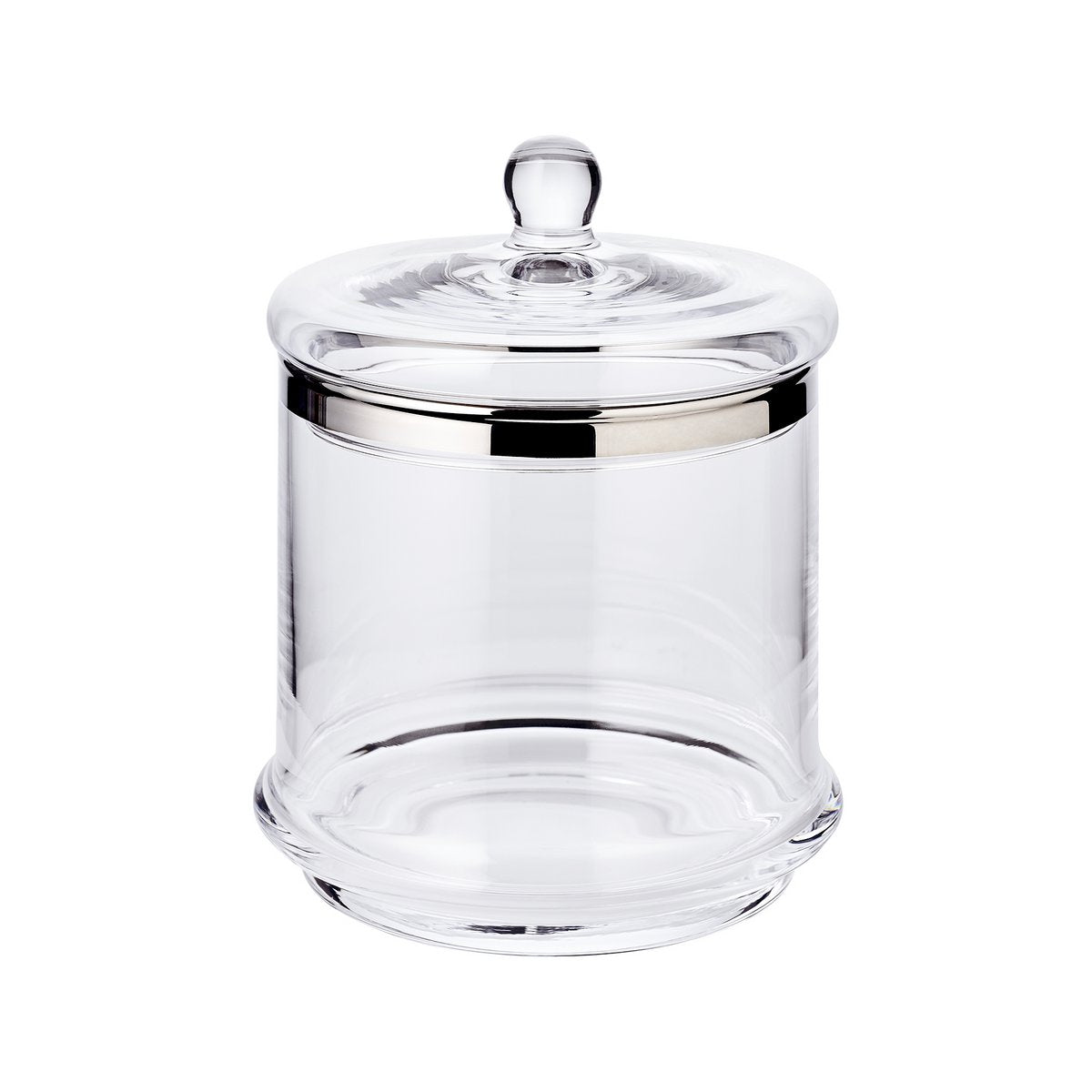 Glazen pot Lia (H 29 cm, ø 14 cm), met een deksel van mondgeblazen kristalglas met een platina rand