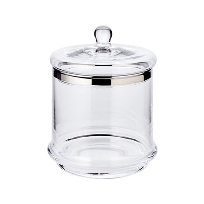 Glazen pot Lia (H 29 cm, ø 14 cm), met een deksel van mondgeblazen kristalglas met een platina rand