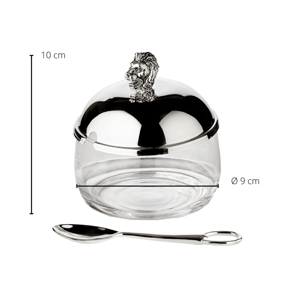 EDZARD jampot leeuw met lepel, elegant verzilverd, hoogte 12 cm, ø 14 cm, ø glas 10