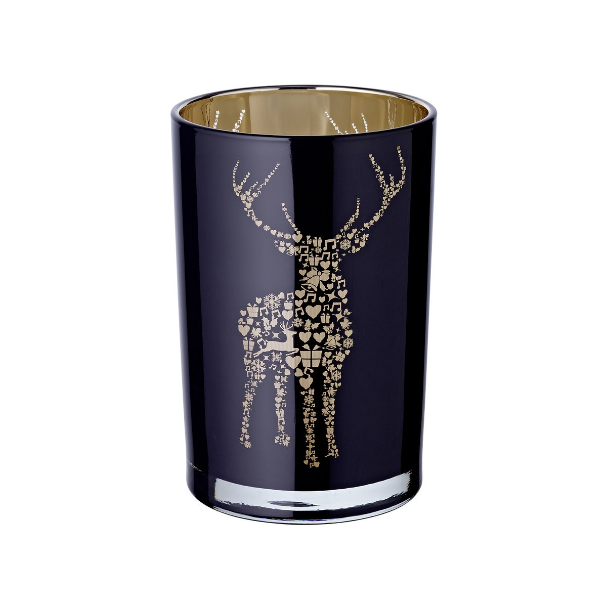 Lantaarn Fancy (hoogte 18 cm, ø 12 cm), theelichtglas met hertenmotief, buiten zwart/binnen goud