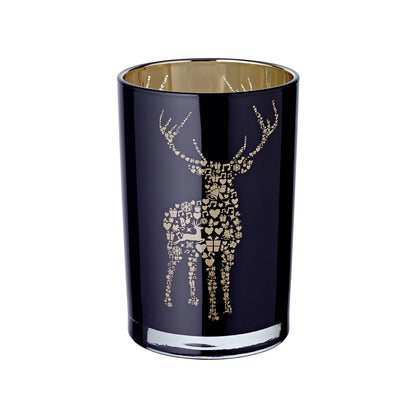 Lantaarn Fancy (hoogte 18 cm, ø 12 cm), theelichtglas met hertenmotief, buiten zwart/binnen goud