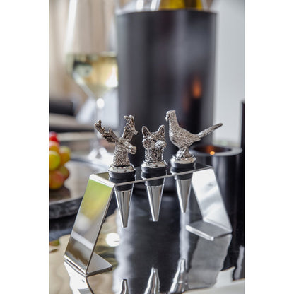 EDZARD set van 3 roestvrijstalen flessendoppen met standaard, hert, everzwijn, fazant, hoogte 9 cm
