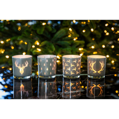 Set van 2 theelichtglazen Tani (hoogte 8 cm, ø 7 cm), grijs, lantaarn met dennenboommotief
